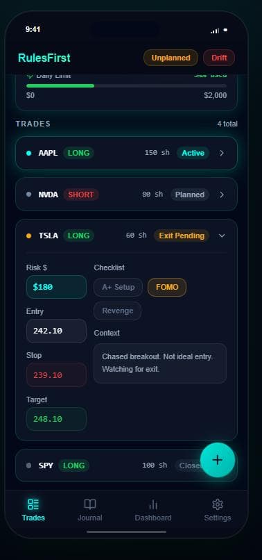 RulesFirst mobile trade context preview